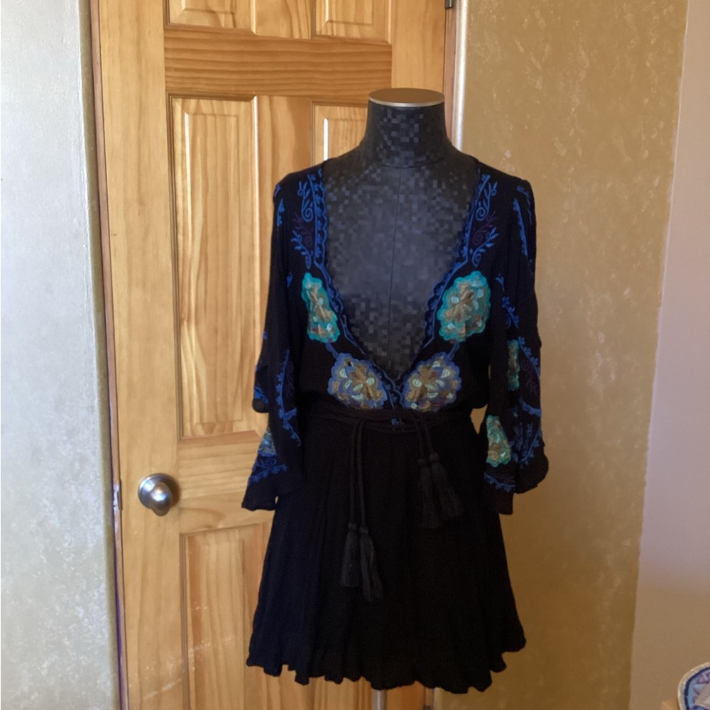 Free People Black Dress/Blouse with Blue and Green Embroidery